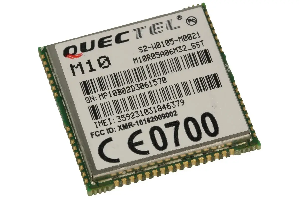 Moduł telekomunikacyjny Quectel M10 z oznaczeniami SN, IMEI i FCC ID.