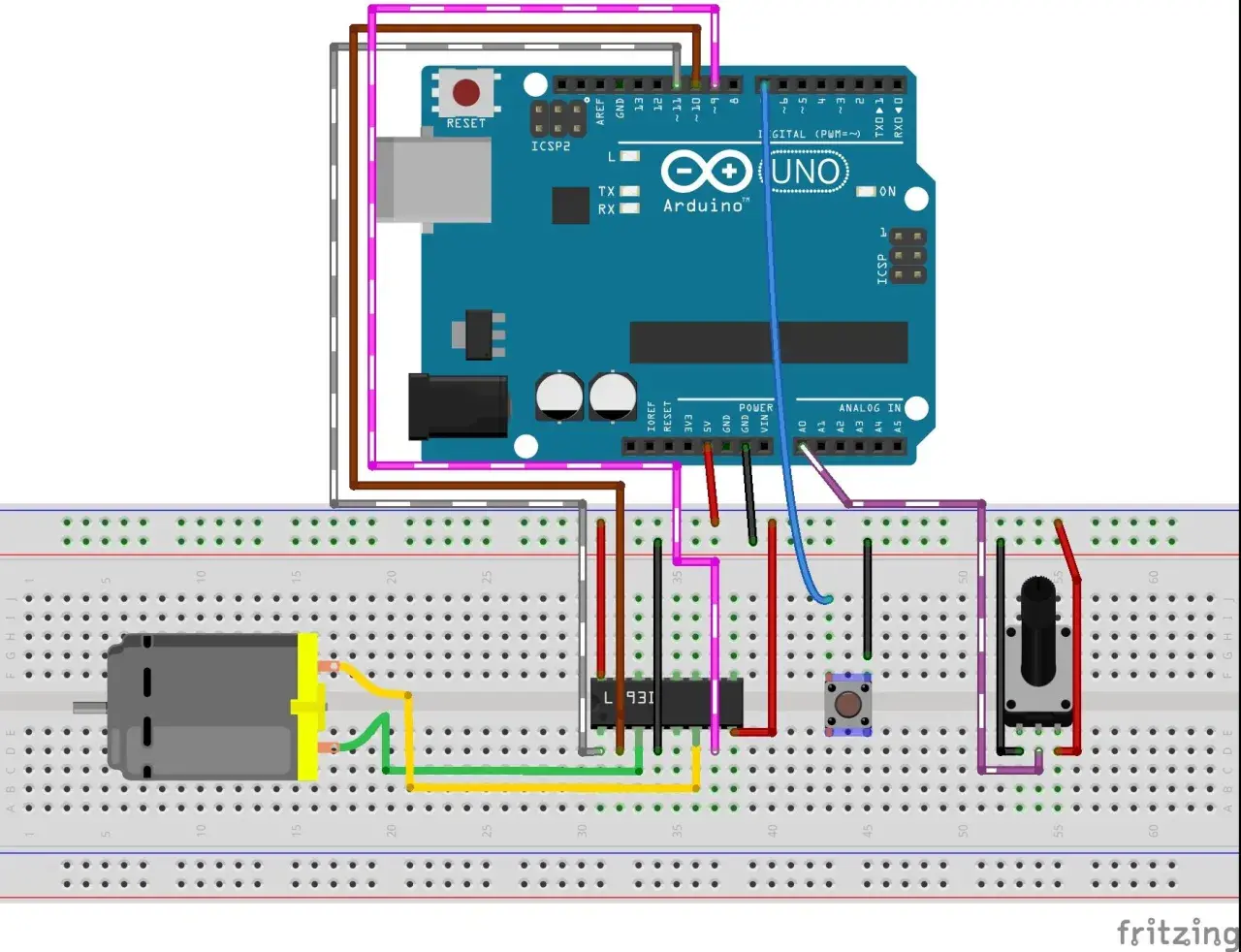 Schemat połączeń z Arduino Uno, mostkiem H L293D, silnikiem DC, przyciskiem i potencjometrem.