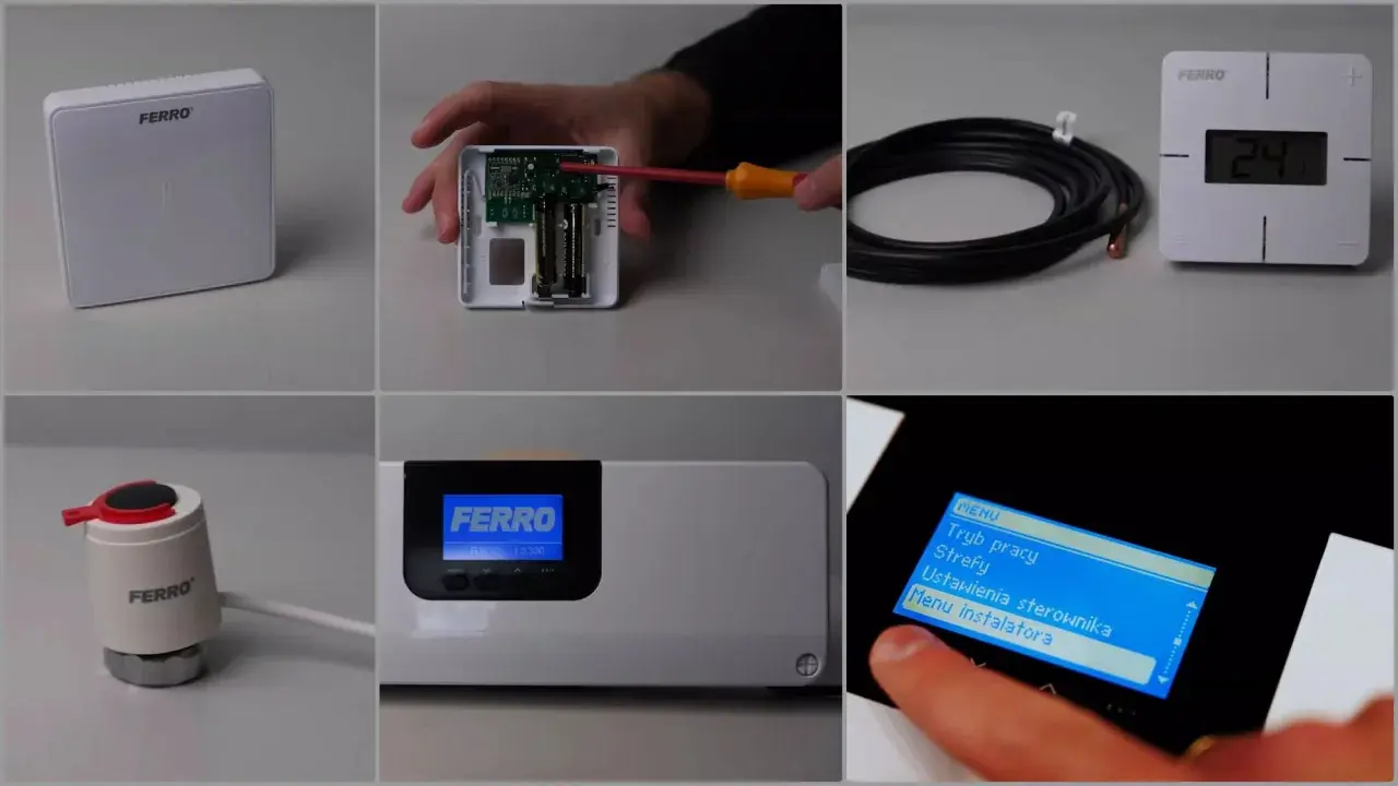 Biały sensor temperatury Ferro, jego wnętrze z bateriami, kabel, termostat i panel sterowania. To wszystko elementy systemu, który mierzy temperaturę.