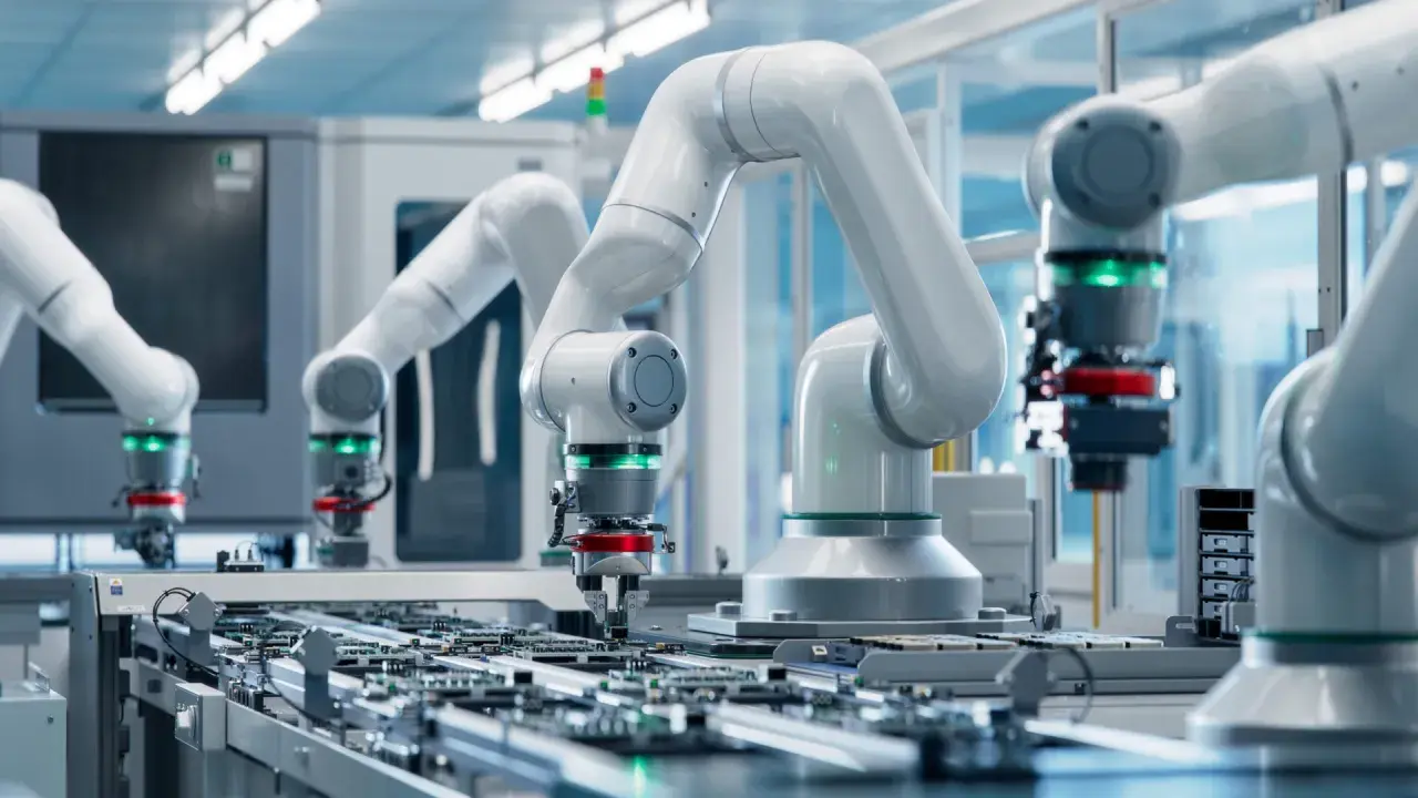 Roboty przemysłowe pracują nad płytkami drukowanymi. W tle widać zaawansowane **przetworniki pomiarowe**, kluczowe dla precyzyjnej produkcji.