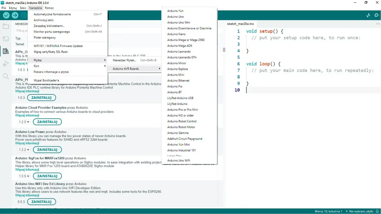 Wybór płytki Arduino Uno w Arduino IDE 2.0.4.