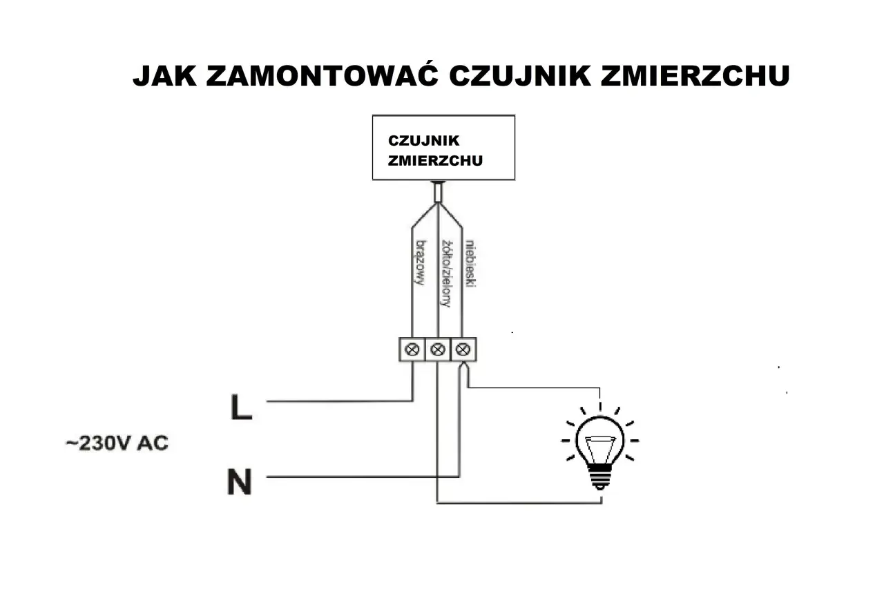 Schemat pokazuje, jak podłączyć czujnik zmierzchu. Brązowy przewód czujnika podłączamy do fazy (L), niebieski do zera (N), a żółto-zielony do lampy.