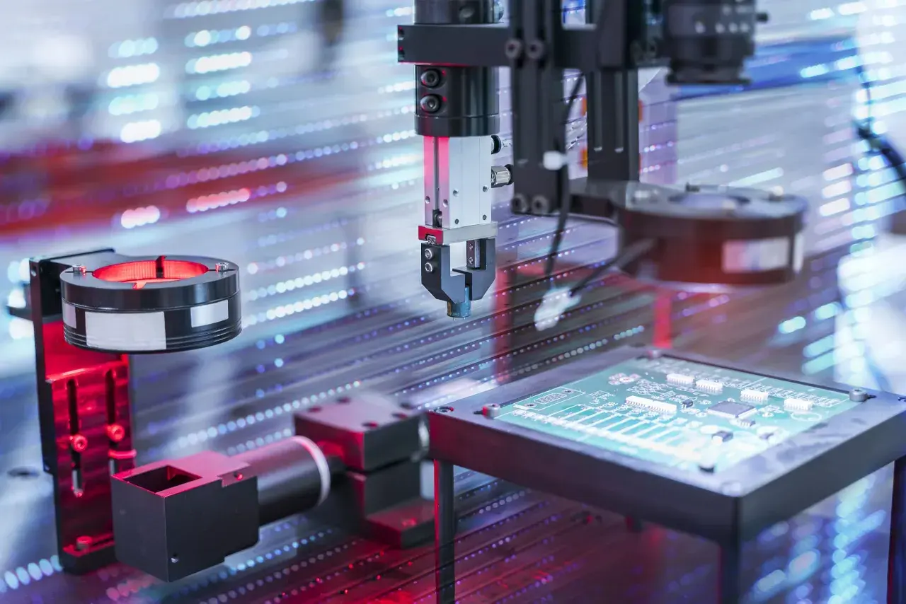 Automatyczny montaż elektroniki. Robot precyzyjnie umieszcza komponenty na płytce drukowanej. To pokazuje, jak działa kontaktron.
