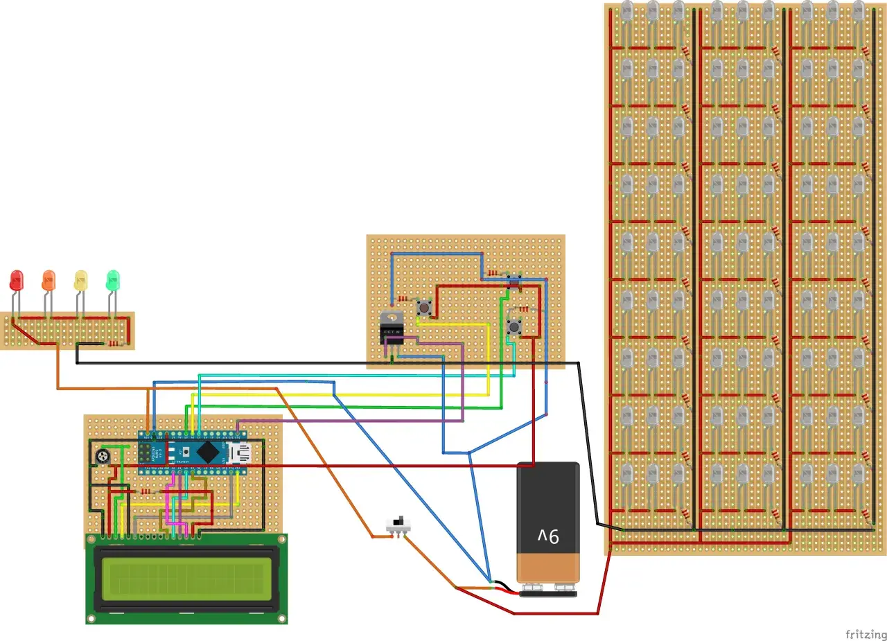 Schemat układu z Arduino Nano, wyświetlaczem LCD, przyciskami, diodami LED i tranzystorem IRFZ44N.