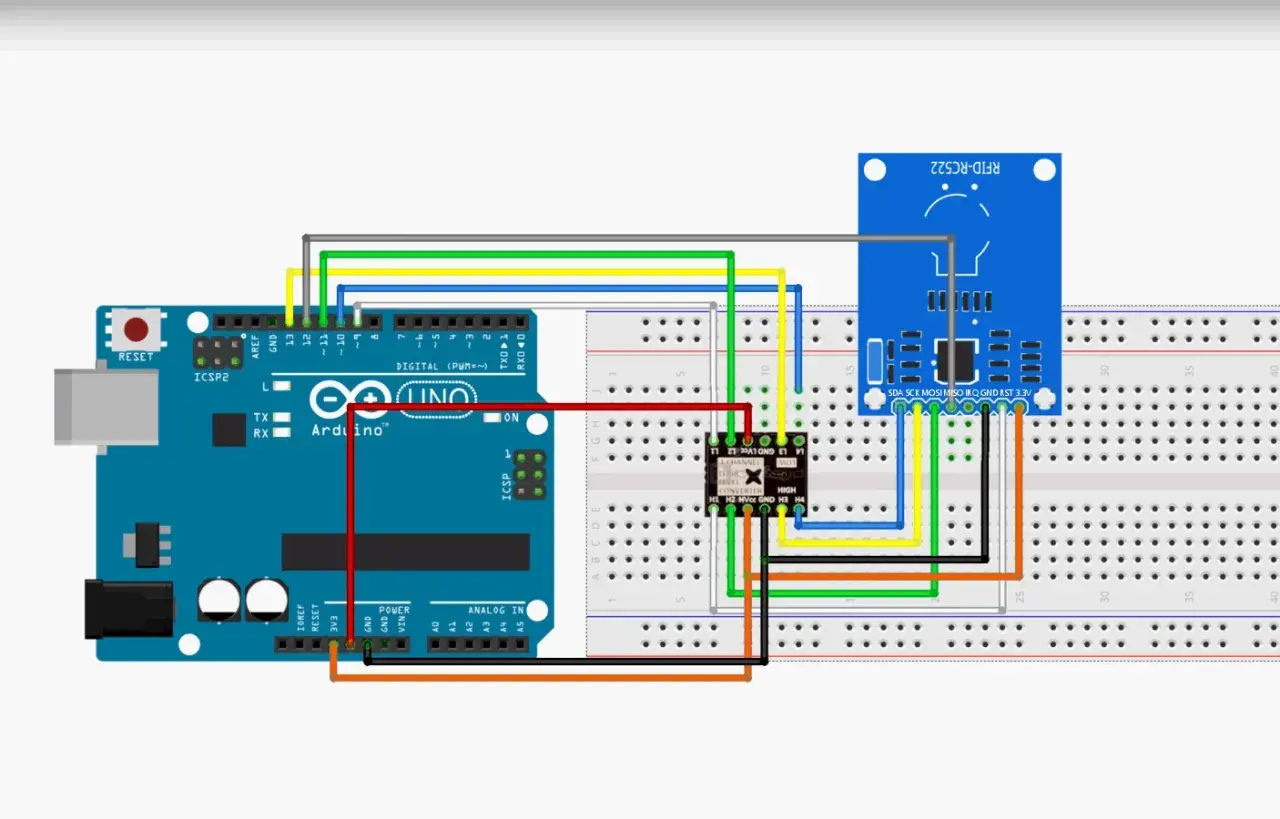 Połączenie Arduino z modułem RFID-RC522 przez konwerter poziomów logicznych.