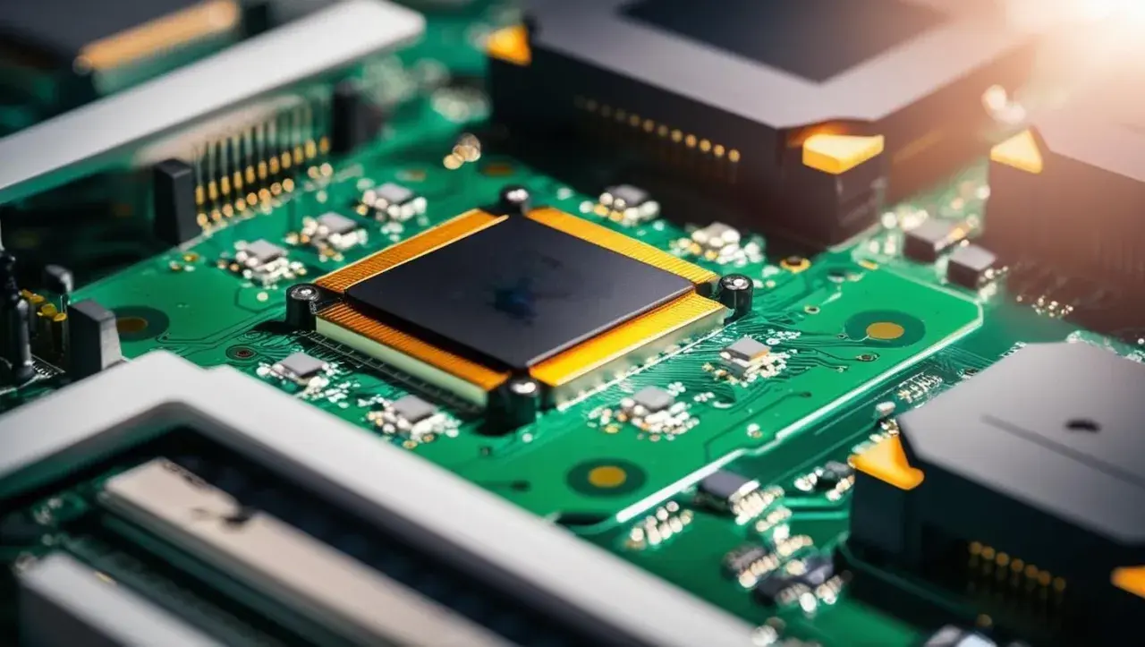 Zbliżenie na zieloną płytkę drukowaną z centralnym, czarnym procesorem otoczonym złotymi elementami. Widoczny montaż PCB z licznymi komponentami elektronicznymi.