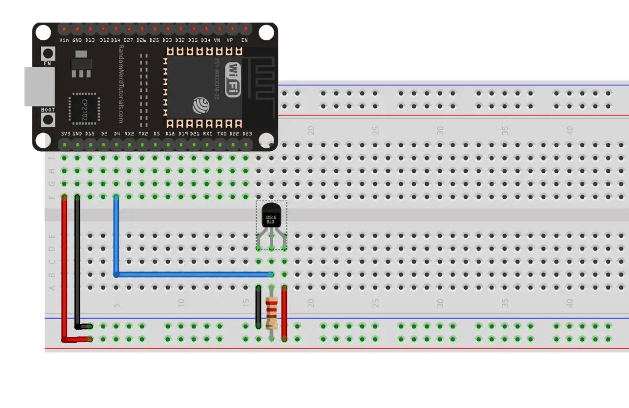 Schemat podłączenia czujnika temperatury DS18B20 do ESP32 na płytce stykowej.