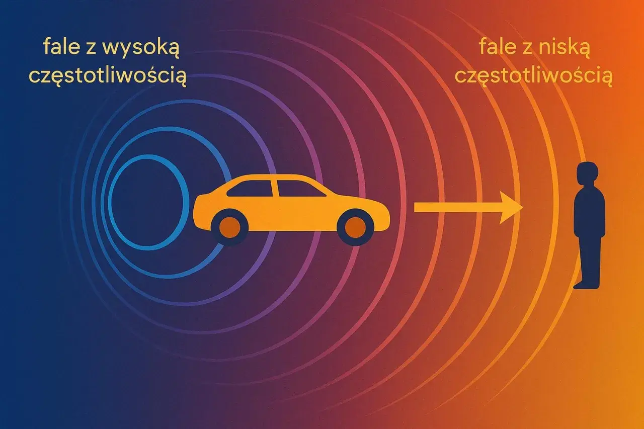 Ilustracja pokazuje efekt Dopplera: fale o wysokiej częstotliwości od zbliżającego się samochodu i fale o niskiej częstotliwości od oddalającego się.