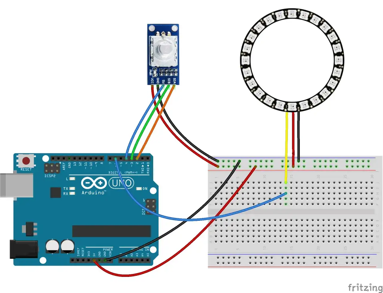 Połączenie enkoder Arduino z pierścieniem LED na płytce stykowej.