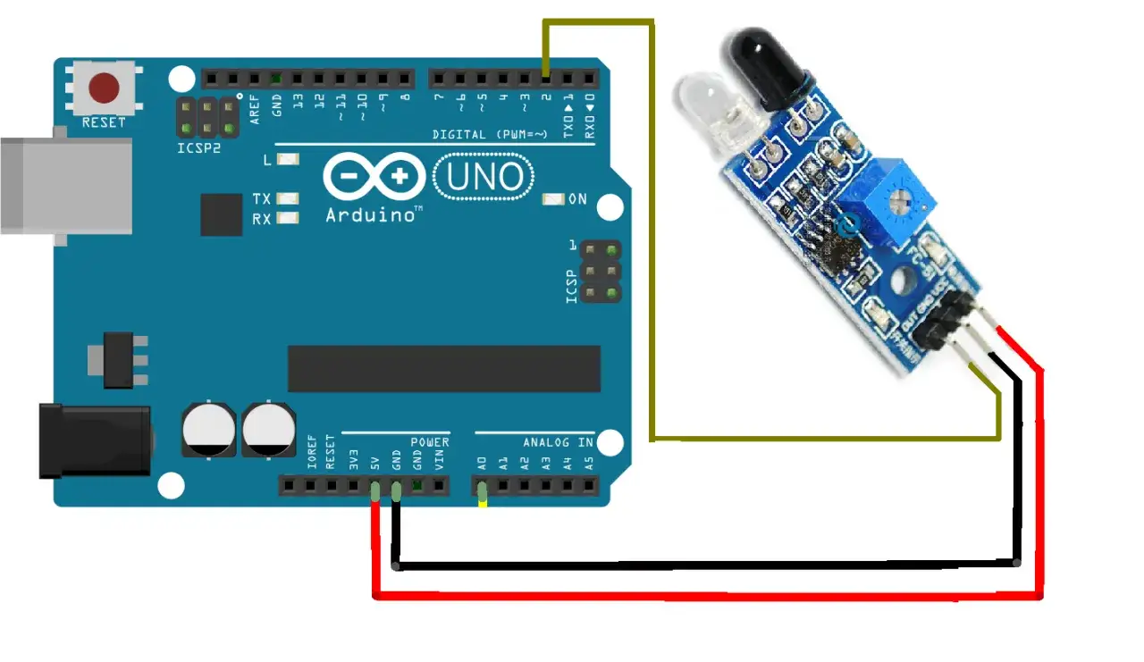 Arduino Uno z podłączonym czujnikiem zbliżeniowym na podczerwień.