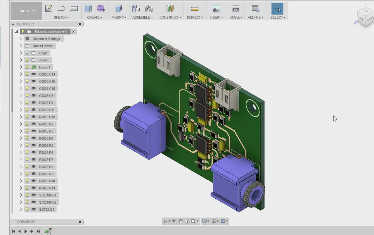 Projekt płytki drukowanej w DesignSpark PCB z dwoma złączami audio i układami scalonymi.