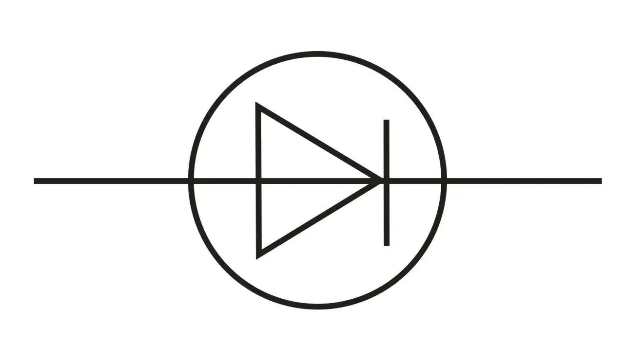 Schematyczny symbol diody w okręgu, z linią wskazującą kierunek przepływu prądu.