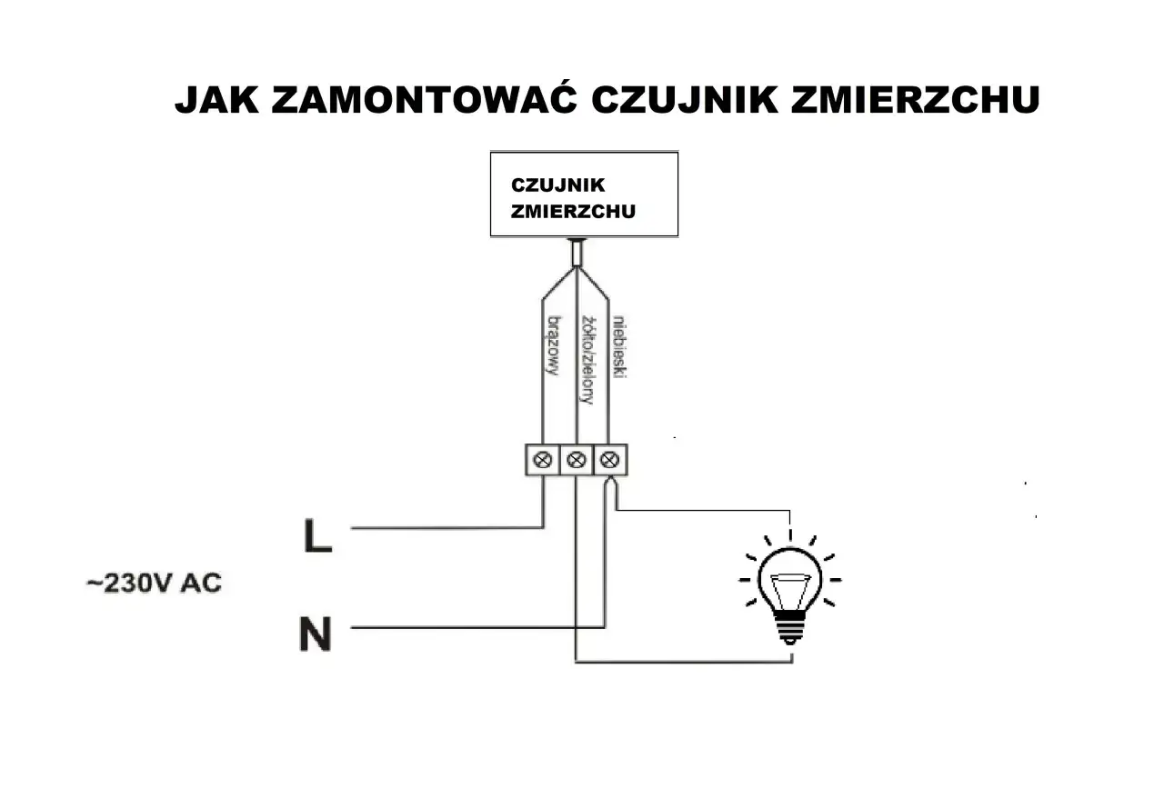 Schemat pokazuje, jak podłączyć czujnik zmierzchu. Brązowy przew&oacute;d czujnika podłączamy do fazy (L), niebieski do zera (N), a ż&oacute;łto-zielony do lampy.