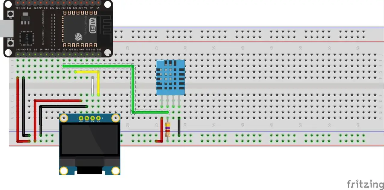 Połączenie modułu DHT11 z ESP32 na płytce stykowej. Arduino i czujnik temperatury/wilgotności.