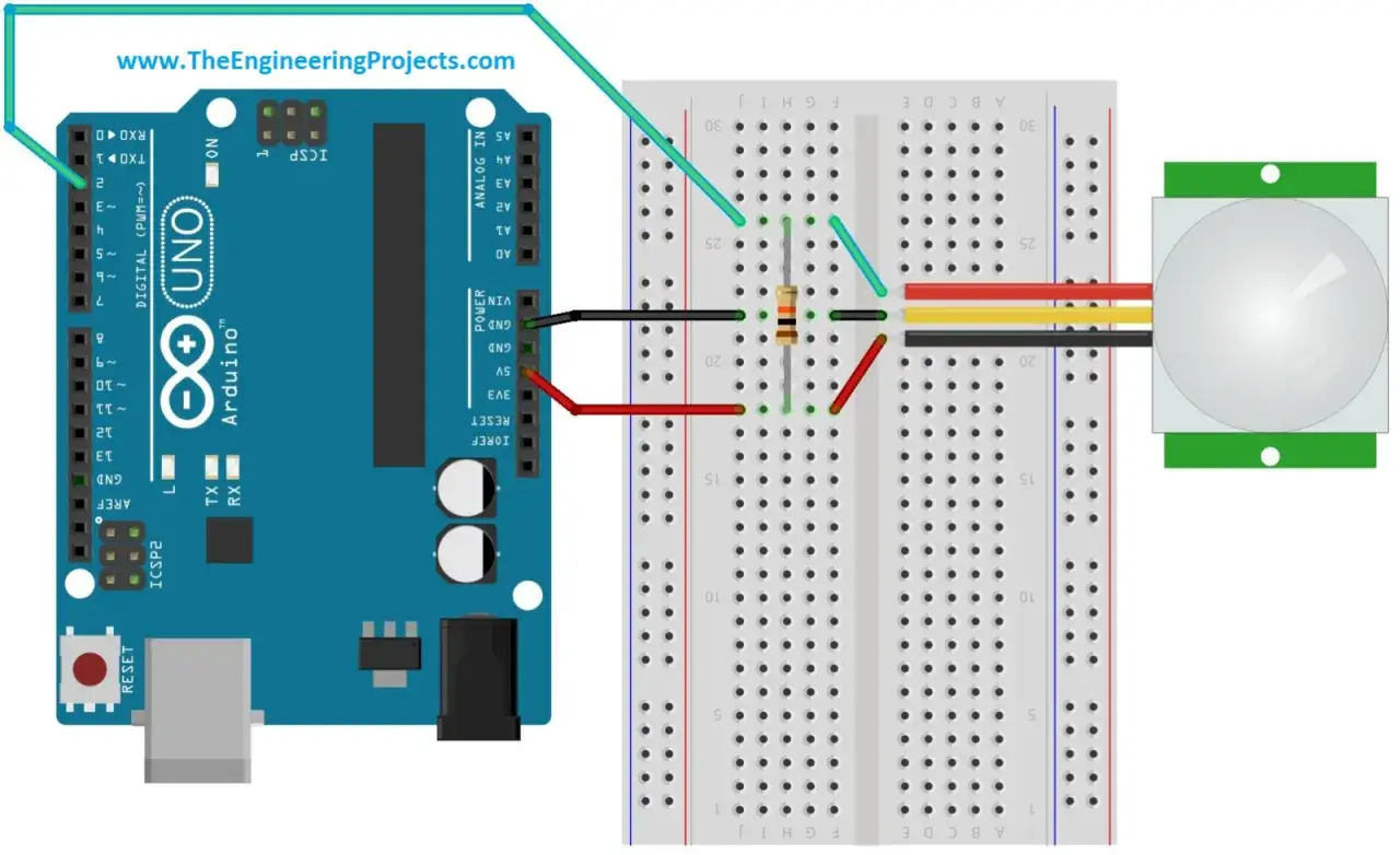 Połączenie Arduino z modułem PIR. Czujnik ruchu PIR podłączony do Arduino Uno przez płytkę stykową.