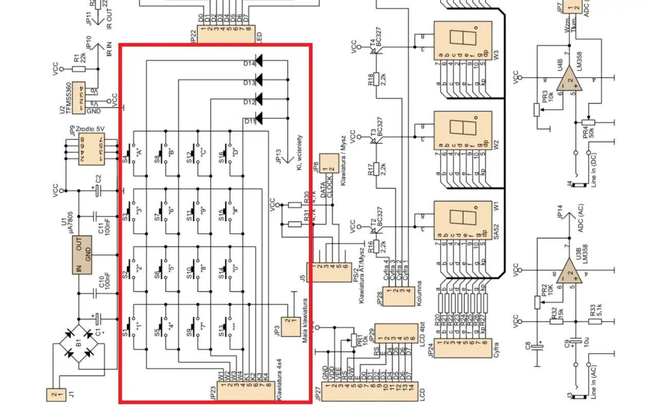 Schemat klawiatury 4x4 z przyciskami i diodami. Widać też moduł LCD i układy scalone.