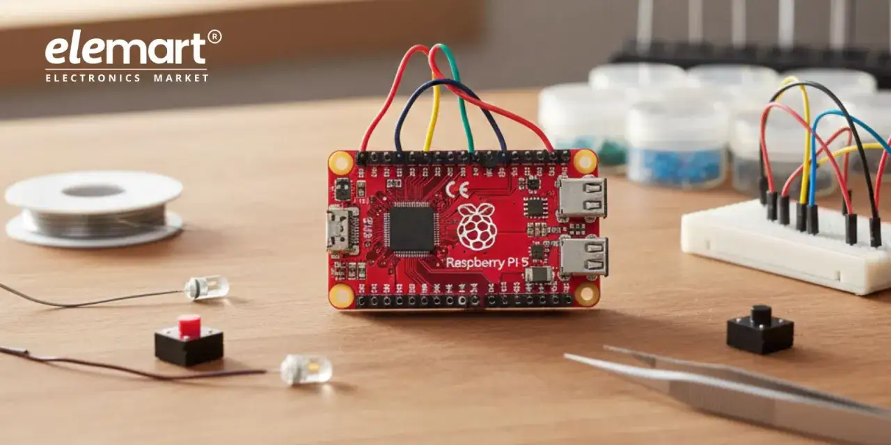 Czerwona płytka Raspberry Pi Pico z przewodami, diodami LED, przyciskiem i cyna do lutowania. Idealne do Twoich raspberry pi pico projektów!