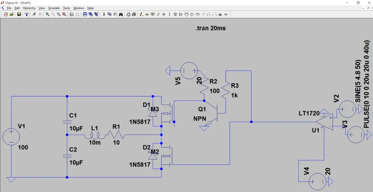 Symulacja układu elektronicznego w programie LTspice. Schemat zawiera tranzystory MOSFET, NPN, diody, kondensatory, cewkę, rezystory i wzmacniacz operacyjny.