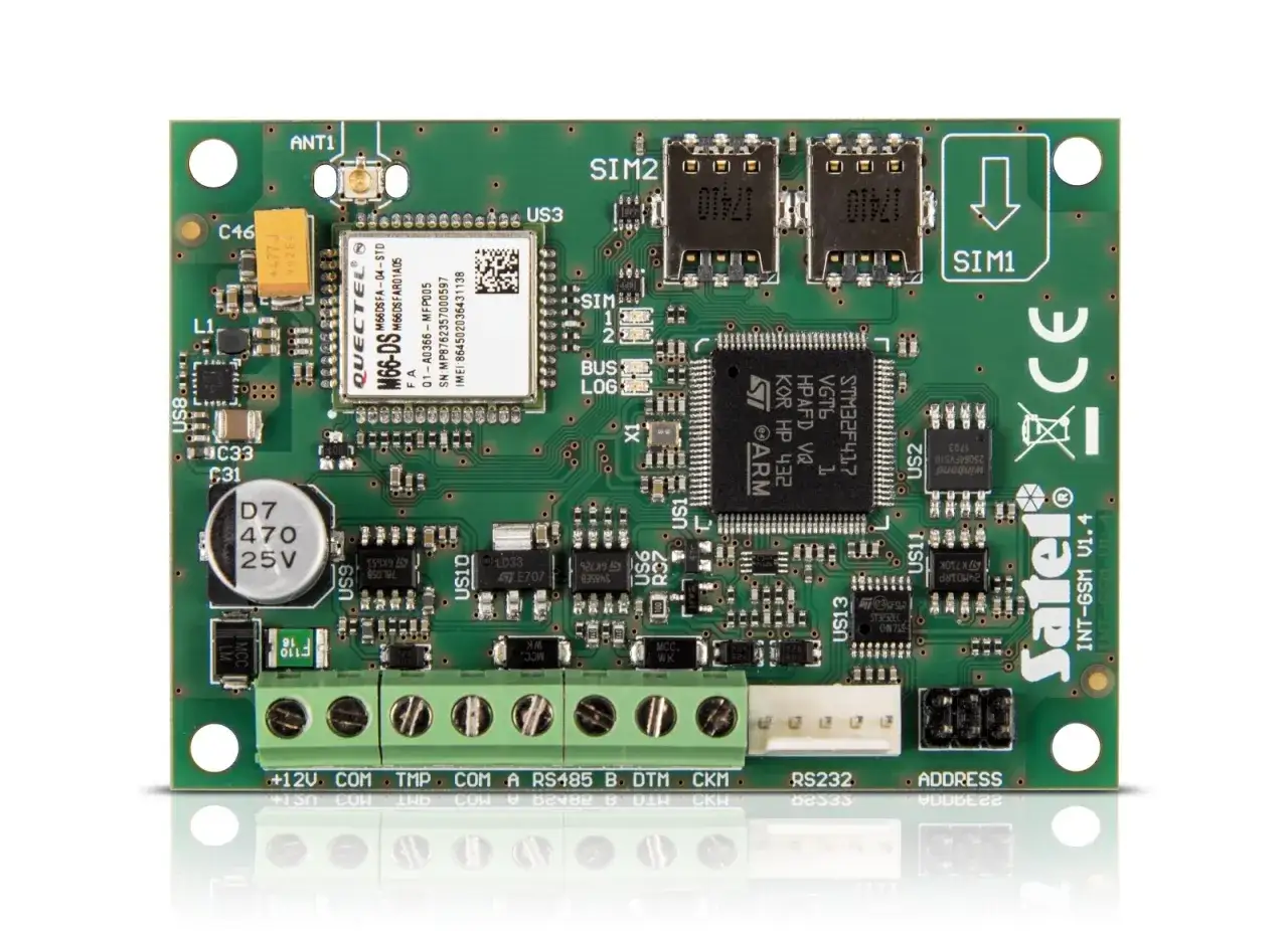 Moduł GSM z układem Quectel M10, wyposażony w dwa sloty SIM, złącza RS232 i RS485, oraz mikrokontroler STM32F417.