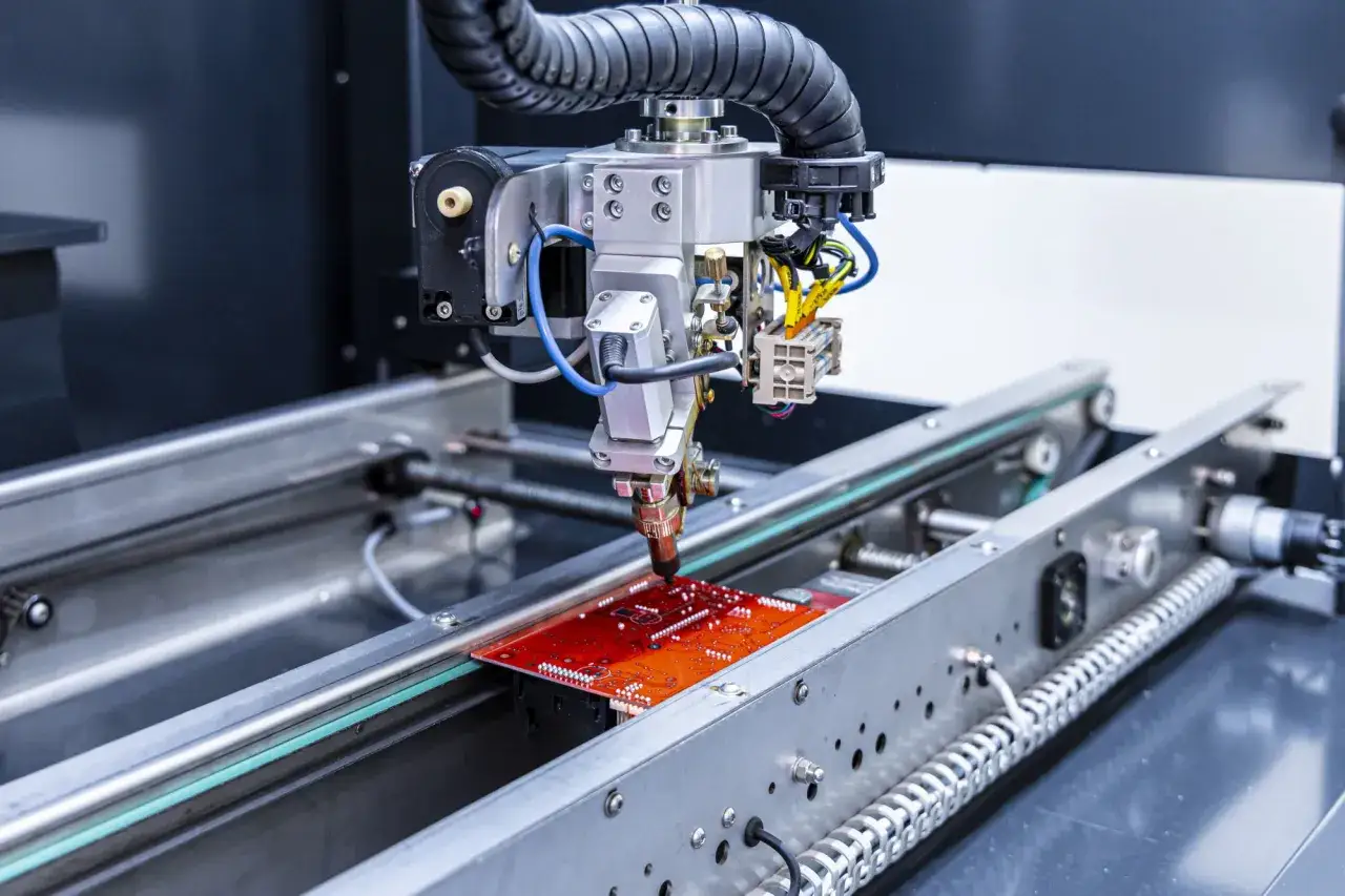 Automatyczny montaż PCB: precyzyjna głowica robota umieszcza komponenty na czerwonej płytce drukowanej.