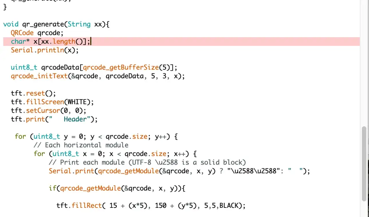 Kod programu Arduino do generowania QR. Zmienna `String xx` jest przetwarzana, tworząc `qrcode`.
