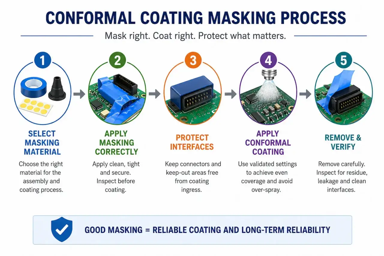 Proces maskowania przed conformal coating: wyb&oacute;r materiału, poprawne nałożenie, ochrona złączy, aplikacja powłoki i weryfikacja.