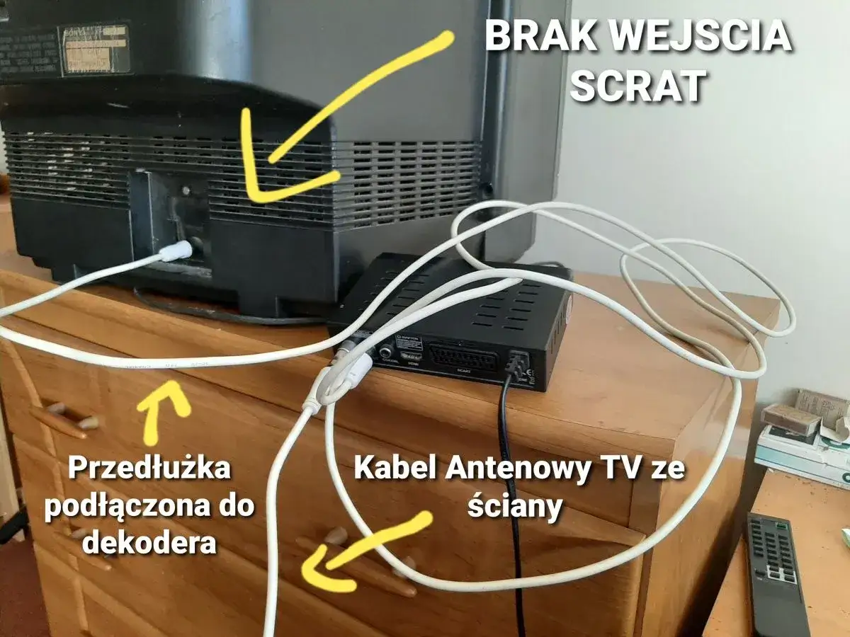 Jak podłączyć antenę do starego telewizora przez dekoder. Kabel antenowy ze ściany do dekodera, przedłużka do TV. Brak wejścia SCART.