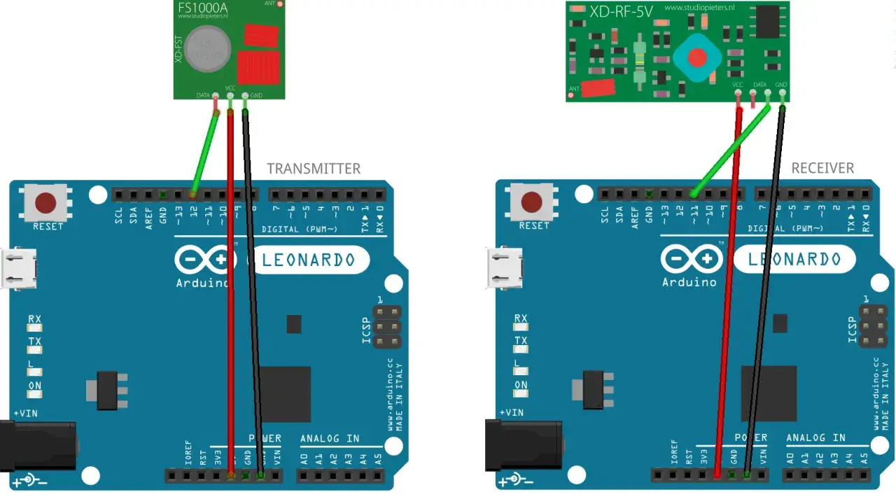 Schemat połączeń nadajnika FS1000A z Arduino Leonardo i odbiornika XD-RF-5V.