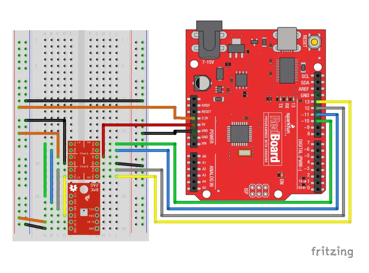 Połączenie modułu BME280 z Arduino RedBoard. Czujnik BME280 mierzy temperaturę, wilgotność i ciśnienie.