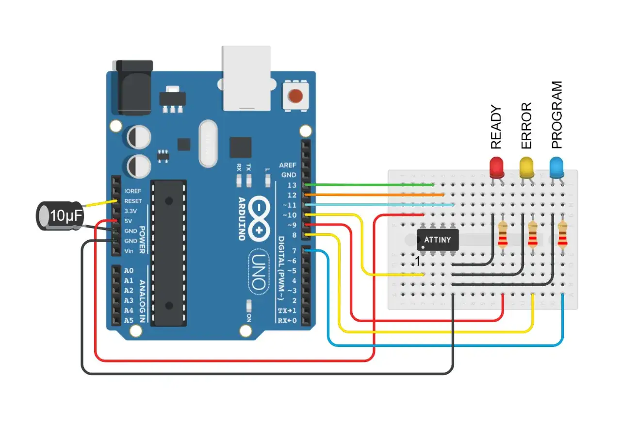 Połączenie Arduino Uno z ATTINY do programowania. Widać kondensator 10uF i diody LED.