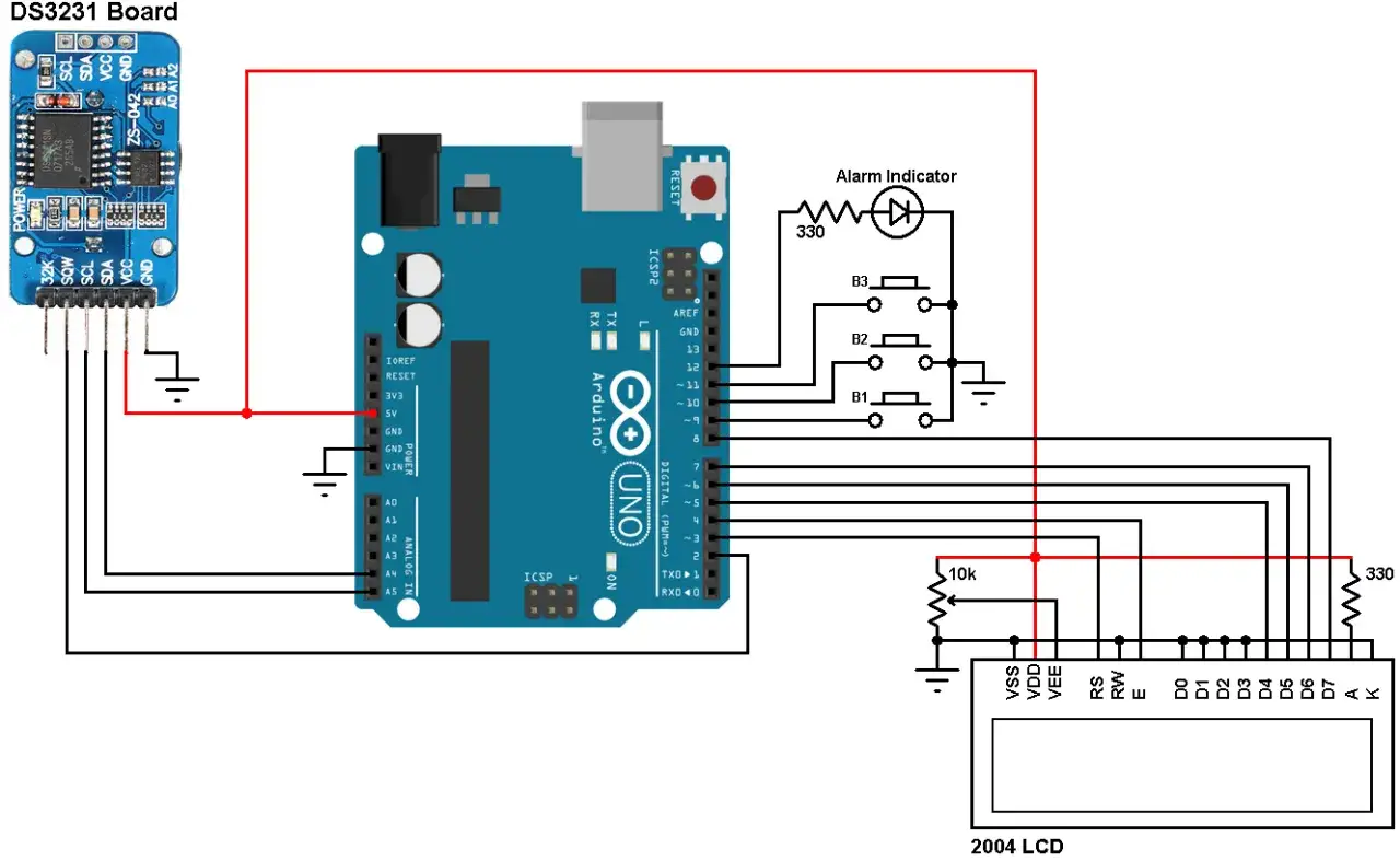 Schemat połączeń zegara Arduino z modułem DS3231, przyciskami i wyświetlaczem LCD.