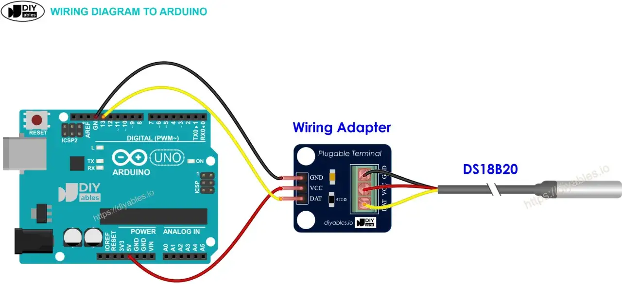 Schemat podłączenia czujnika DS18B20 do Arduino Uno przez adapter.