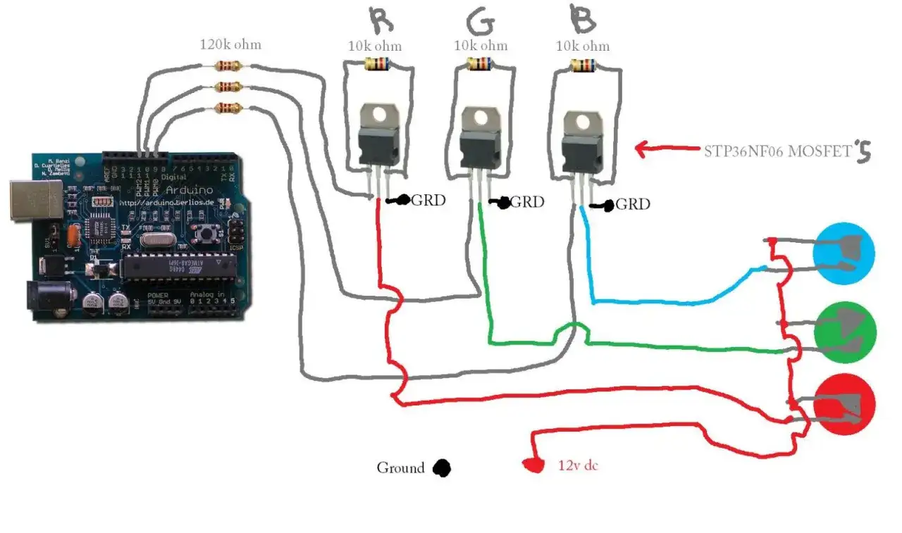Schemat połączeń Arduino z tranzystorami MOSFET do sterowania kolorami RGB za pomocą arduino pwm.