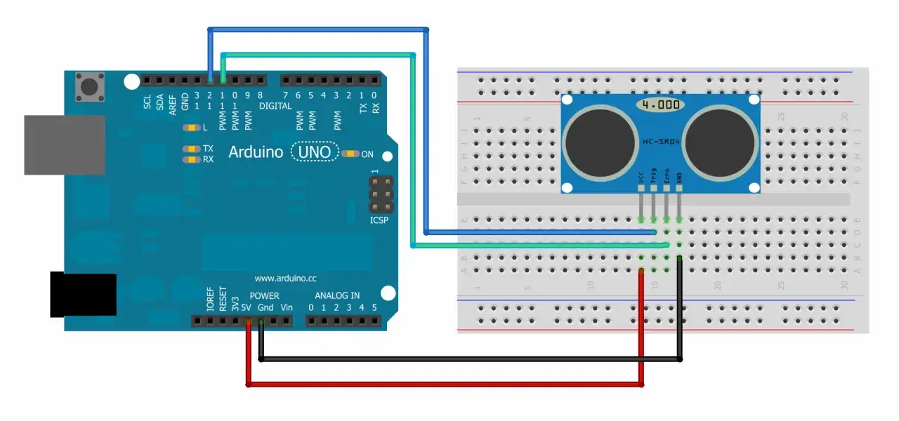 Arduino Uno połączony z modułem HC-SR04 na płytce stykowej. Czujnik odległości HC-SR04 mierzy dystans.