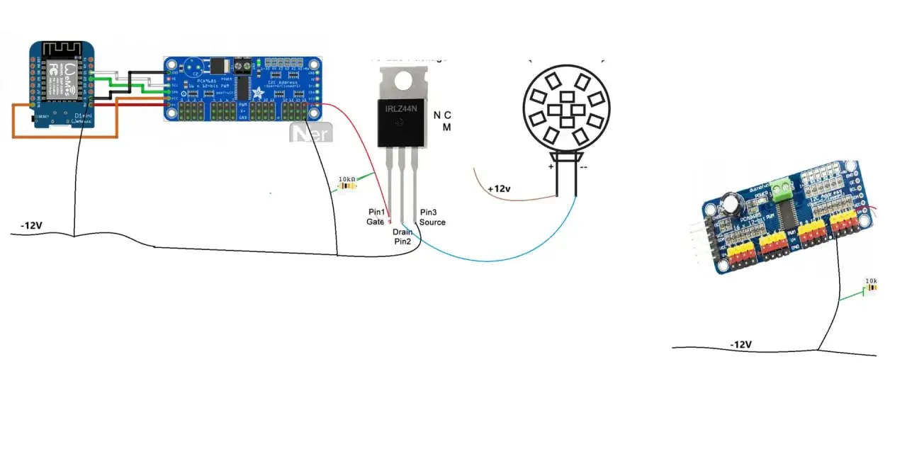 Schemat połączeń do wemos d1 mini programowanie. Wemos D1 Mini steruje tranzystorem IRLZ44N, który zasila pierścień LED 12V.