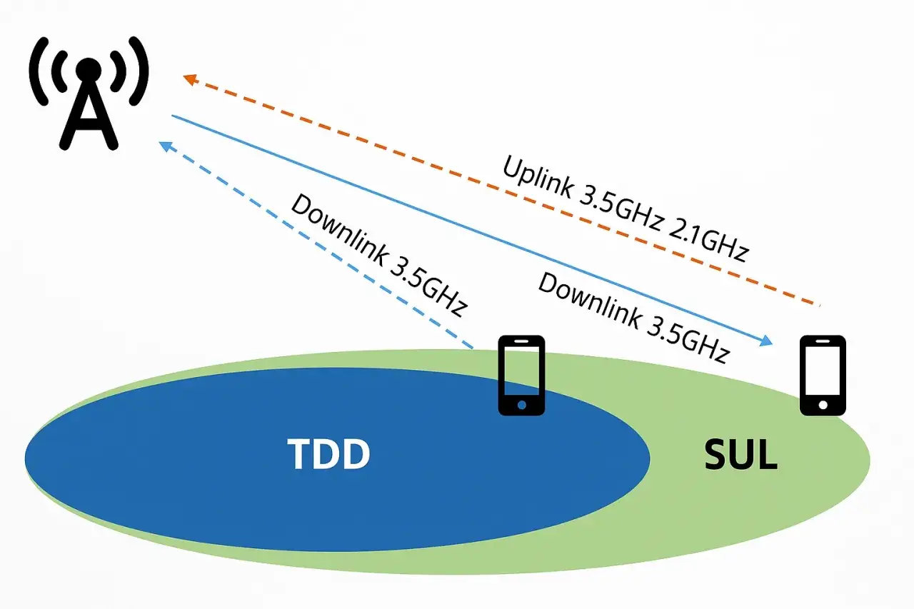 Schemat TDD (Time Division Duplex) pokazuje komunikację między anteną a telefonami komórkowymi. Uplink i downlink odbywają się na różnych częstotliwościach.