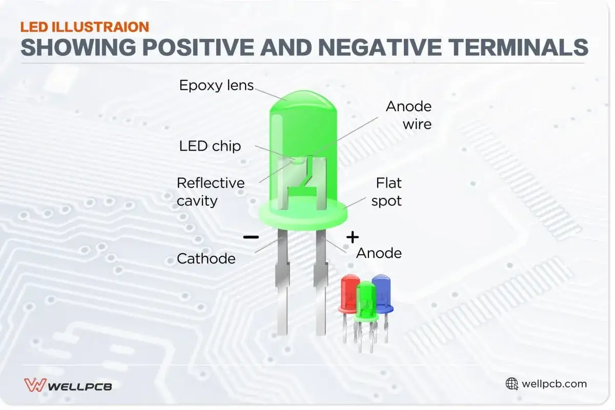 Schemat LED: katoda to minus (-), a anoda to plus (+). Widać chip, soczewkę i obudowę.
