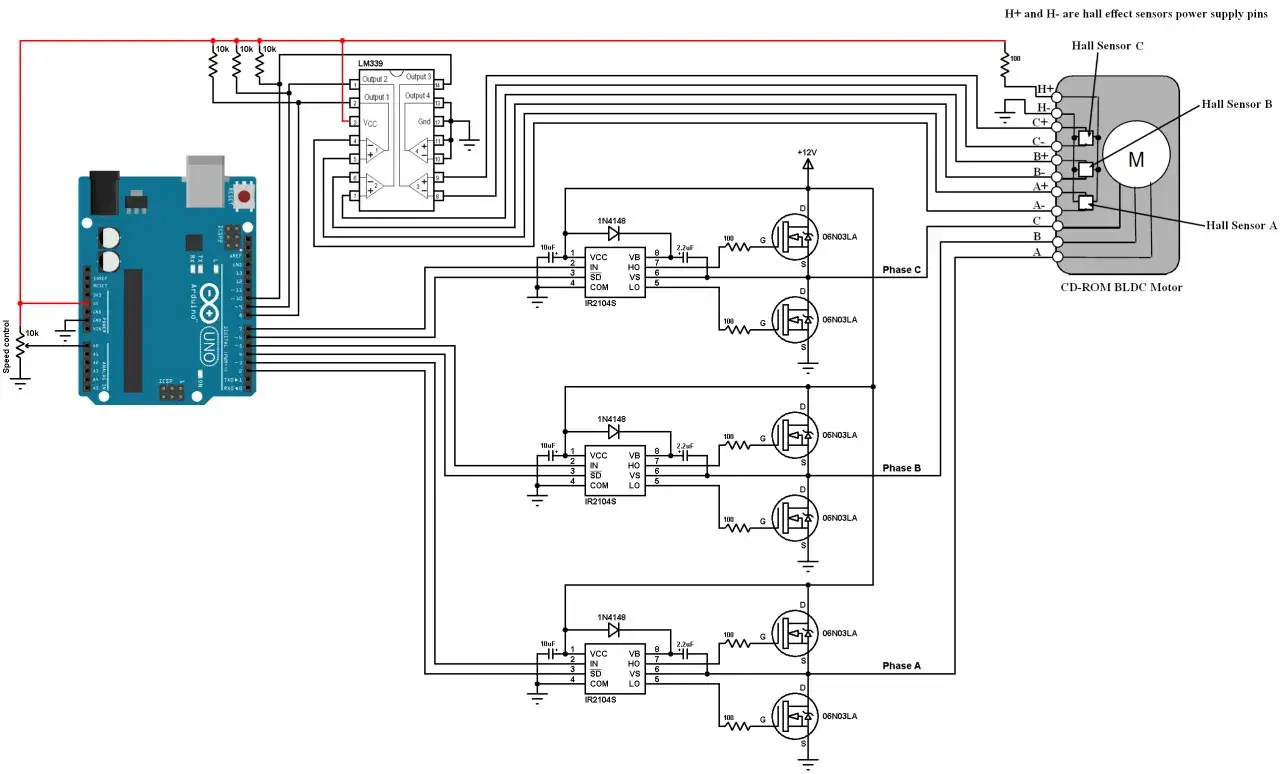 Schemat sterownika BLDC z Arduino, LM339, IR2104S i tranzystorami MOSFET do sterowania silnikiem CD-ROM.
