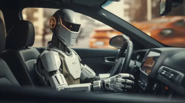 Robot siedzi za kierownicą, jego dłonie spoczywają na kierownicy. W tle widać pomarańczowy samochód. To przyszłość transportu, gdzie magistrala lin. jest sterowana przez sztuczną inteligencję.