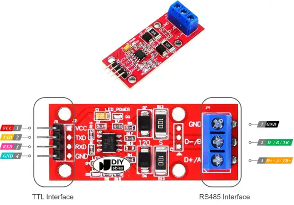 Moduł TTL na RS485 do Arduino. Pozwala na komunikację między urządzeniami z interfejsem TTL a siecią RS485.