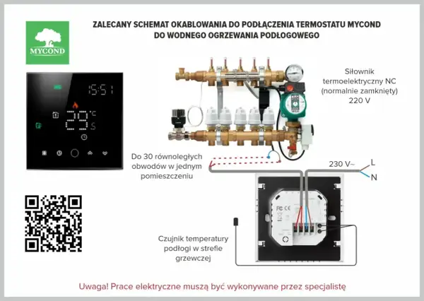 Schemat podłączenia termostatu Mycond do ogrzewania podłogowego. Widoczny czujnik temperatury podłogi, rozdzielacz i siłownik.