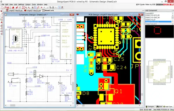 Projektowanie płytki drukowanej w **DesignSpark PCB**. Schemat i widok 3D płytki.