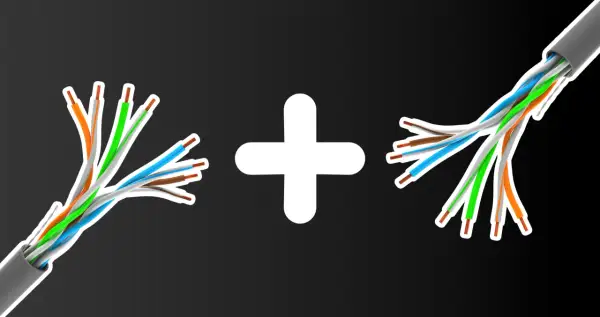 Dwa rozplecione kable sieciowe, symbolizujące połączenie ethernet, połączone białym znakiem plus.