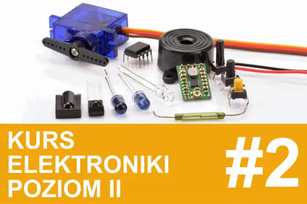 Różne rodzaje przycisków i elementów elektronicznych, takich jak serwomechanizm, diody, buzzery i czujniki, gotowe do użycia w kursie elektroniki.