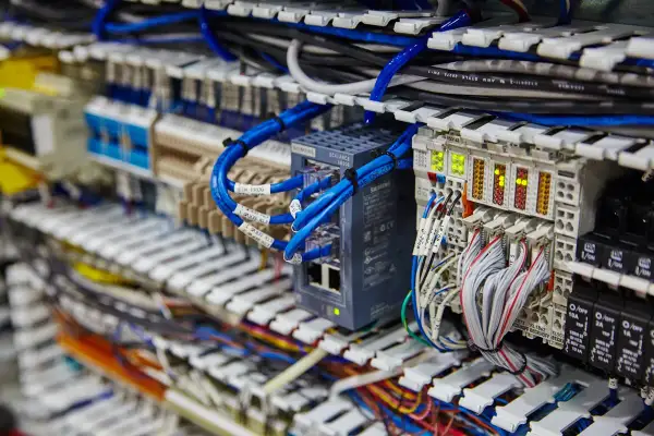 Złącze ark. z niebieskimi kablami sieciowymi i modułami Siemens. Widać też wiele przewodów i wskaźników LED.