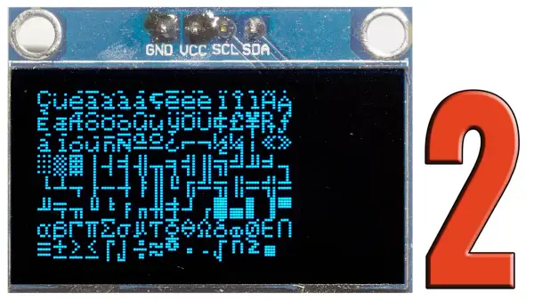 Niebieski wyświetlacz OLED z losowym ciągiem znaków, podłączony do Arduino. Obok duża, czerwona cyfra 2.