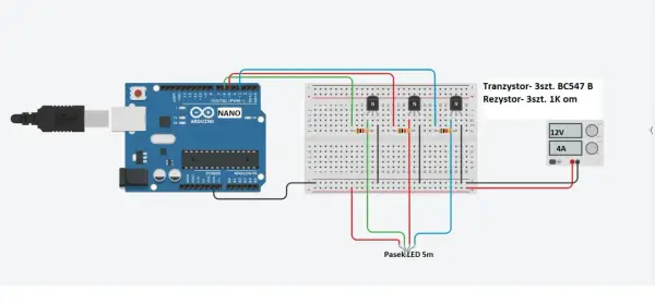 Schemat sterownika LED RGB z Arduino Nano, tranzystorami BC547B i rezystorami 1K om. Zasilanie 12V, 4A.