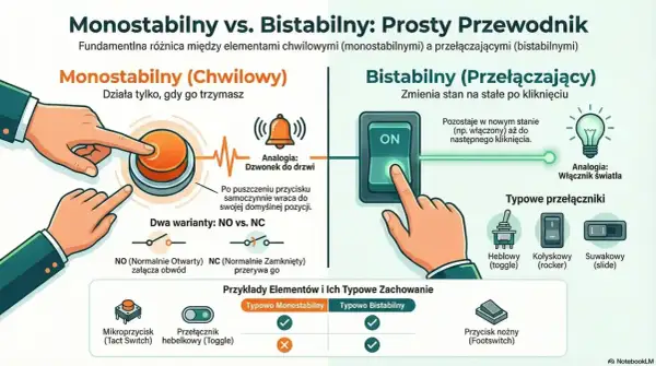 Schemat porównujący przycisk bistabilny i monostabilny. Ilustracje pokazują działanie obu typów przełączników, ich analogie (dzwonek do drzwi, włącznik światła) oraz przykłady (mikroprzycisk, przełącznik hebelkowy, kołyskowy, suwakowy, nożny).