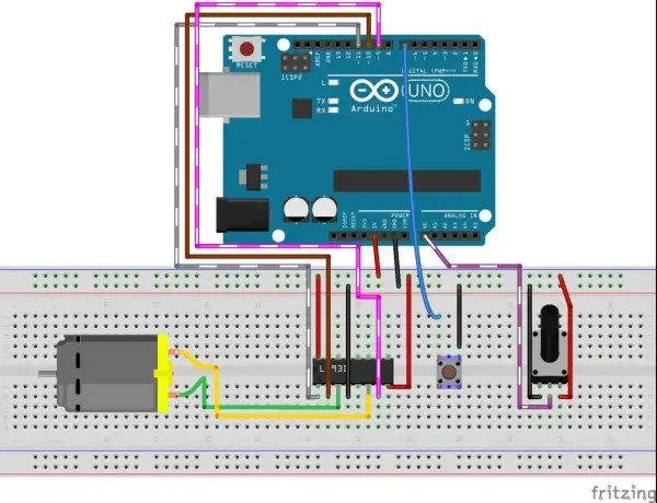 Schemat połączeń z Arduino Uno, mostkiem H L293D, silnikiem DC, przyciskiem i potencjometrem.
