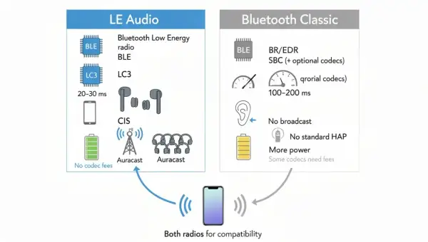 Porównanie LE Audio i Bluetooth Classic. LE Audio oferuje niski pobór mocy, niski czas opóźnienia (20-30 ms) i Auracast. To pokazuje, co to jest Bluetooth w nowoczesnej odsłonie.